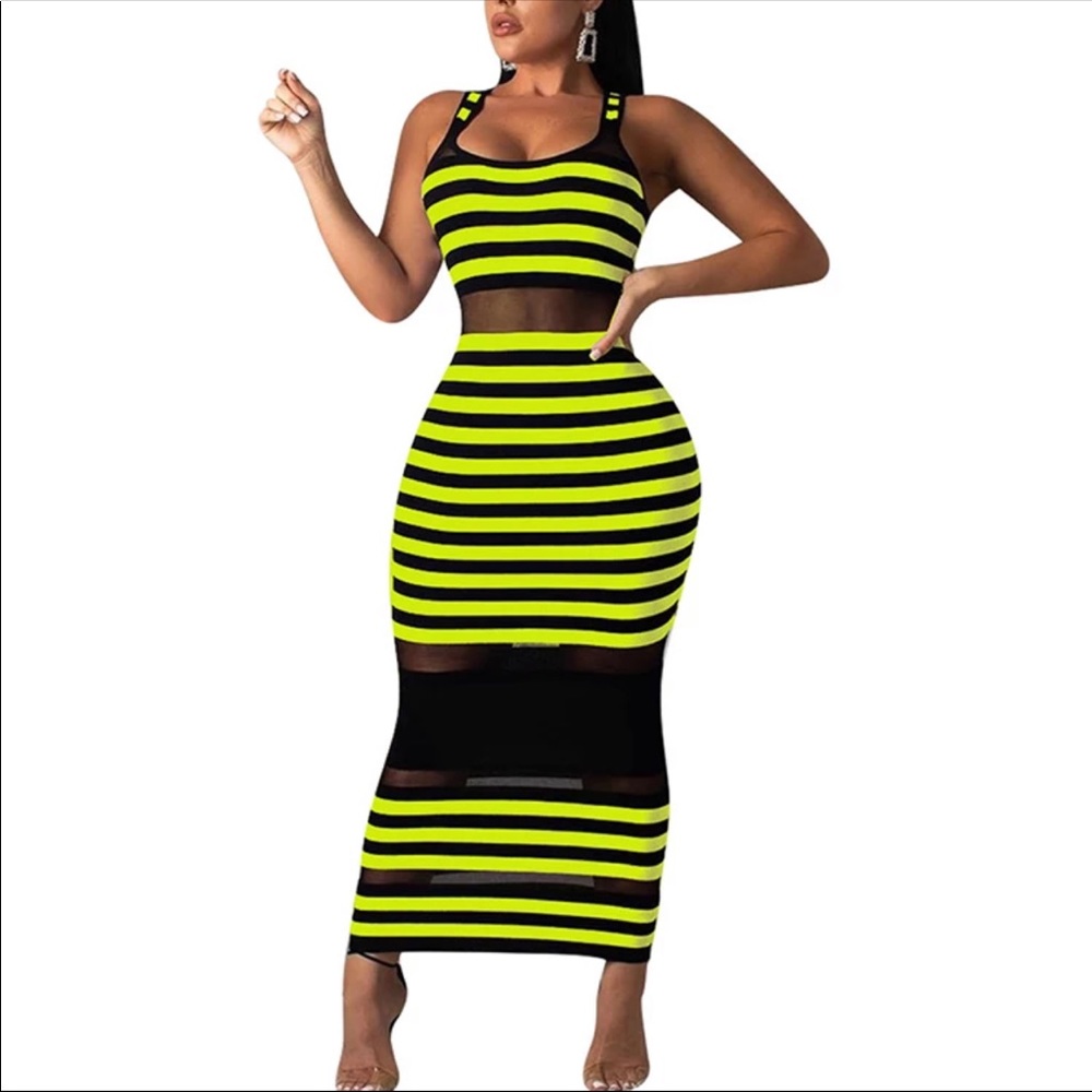 Neon Lights | Strip Mesh Bodycon Midi Dress